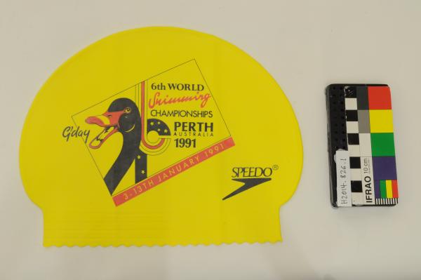 SWIMCAP, souvenir, yellow, 'SPEEDO', VIth World Swimming Championships, Perth, 3-13 Jan 1991