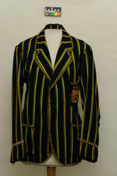 BLAZER, rugby union, black, green and gold stripes, 1938, Robert Edmund Jones