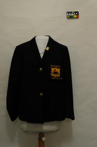 BLAZER, basketball, black with embroidered black swan on gold shield, WAWBBA 1963 -64-65-66, G.Switch