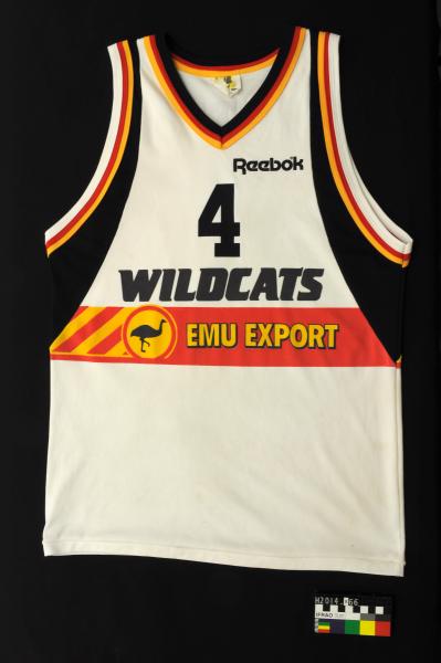 BASKETBALL SINGLET, white with black/red/gold trim, Perth Wildcats, no. 4, 'WATTO' (Eric Watterson), 1990s
