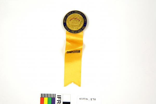 BADGE, competitor, with yellow ribbon, British Empire and Commonwealth Games, Perth, 1962, Dixie Willis