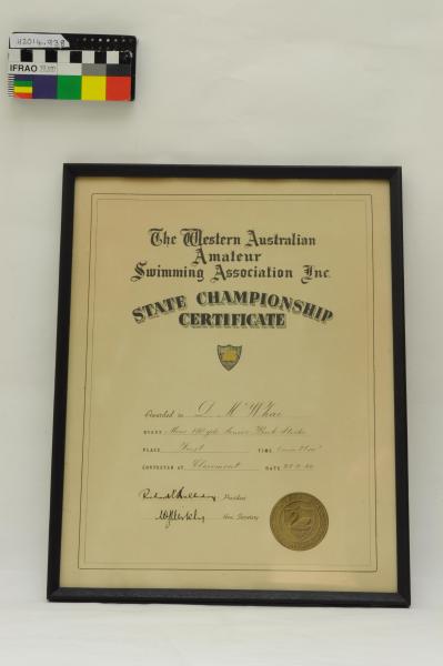 CERTIFICATE, framed, Swimming, Douglas McWhae, 1942