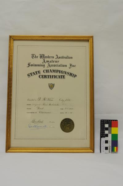 CERTIFICATE, framed, Swimming, Douglas McWhae, 1948