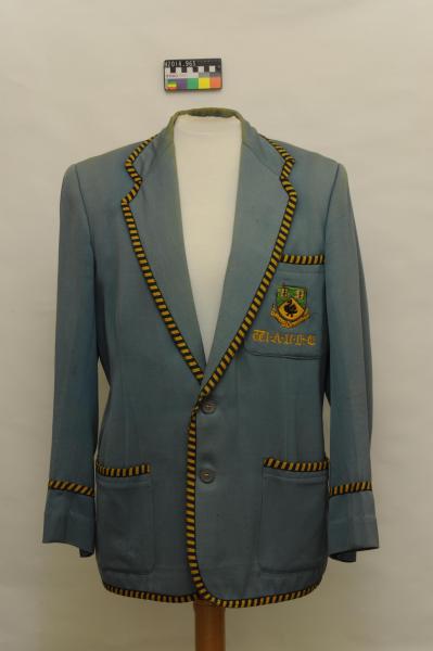 BLAZER, blue with green and gold striped trim, WA University, 1960s