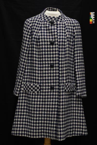 COAT, Female, 'A line' shaped, bold blue and white check pattern woollen fabric