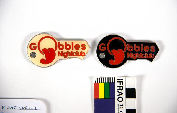 KEYRING x 2, Gobbles Nightclub, key shaped, tongue motif
