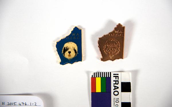 BADGE, W.A. Old English Sheepdog Club, WA shaped, dog motif