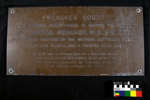 METAL PLAQUE, brass, opening of Meagher Court