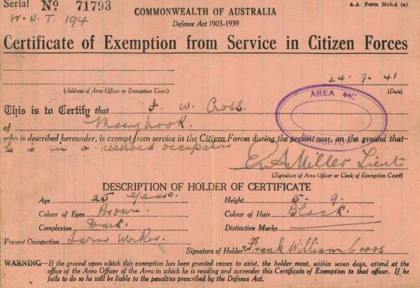 CERTIFICATE OF EXEMPTION, Armed Services, Frank William Cross,1941