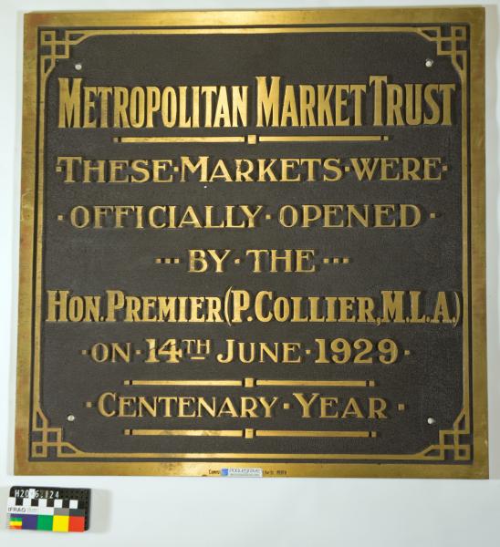PLAQUE, 'METROPOLITAN MARKET TRUST', official opening, heavy bronze, satin polished bas relief lettering and border, 1929