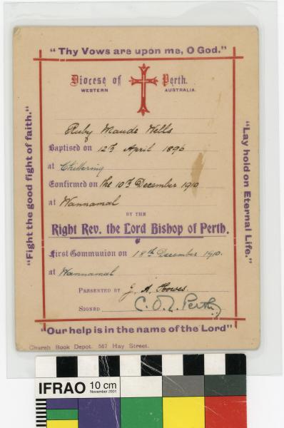 CERTIFICATE, Church, sacraments received, Ruby Maude Wells