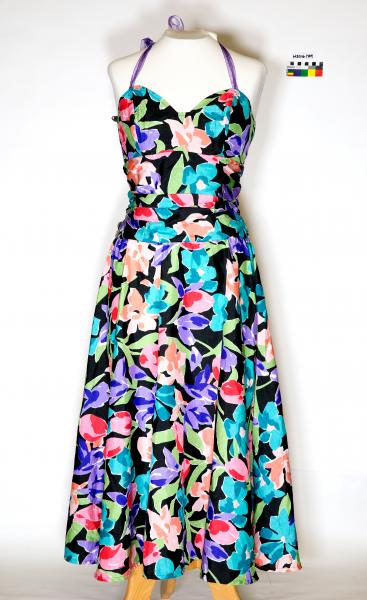 DRESS, coloured floral pattern, black background, ruched waist, purple ribbon straps, B&S Ball