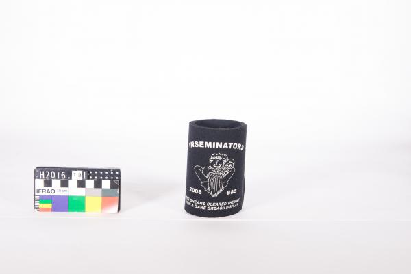 STUBBY HOLDER, black neoprene, 'INSEMINATORS B&S 2008', ram cartoon