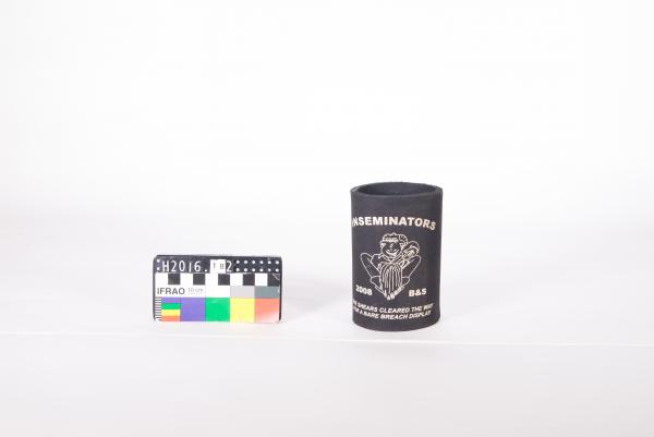 STUBBY HOLDER, black neoprene, 'INSEMINATORS B&S 2008', ram cartoon, soiled, blue food dye