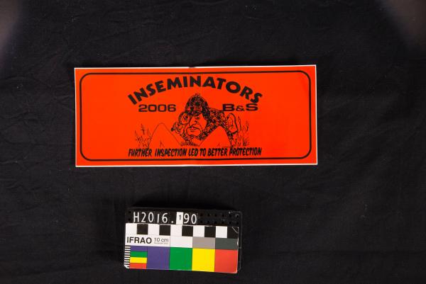 STICKER, red & black, 'INSEMINATORS 2006 B&S', cartoon of man with magnifying glass