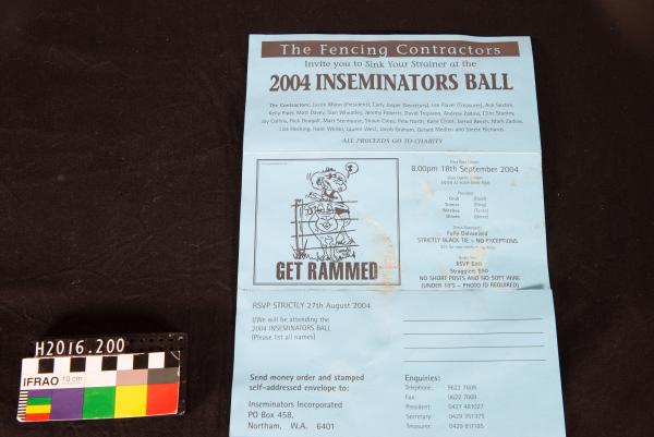 PAMPHLET, blue card, 'The Fencing Contractors Invite you to Sink Your Strainer at the 2004 INSEMINATORS BALL', Muresk B&S