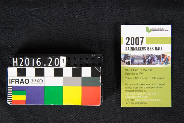 ADVERTISING CARD, green & white, '2007 RAINMAKERS B&S BALL', Quairading