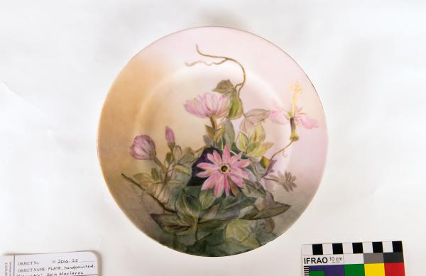 PLATE, porcelain, handpainted with Clematis by Isla Maclaren