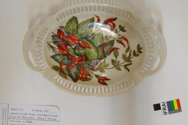 DISH, oval, handpainted with Scarlet Runner by Ethel Munt