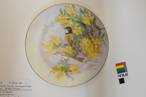 PLATE, small, handpainted with Golden Whistlers by Mavis Sedgley