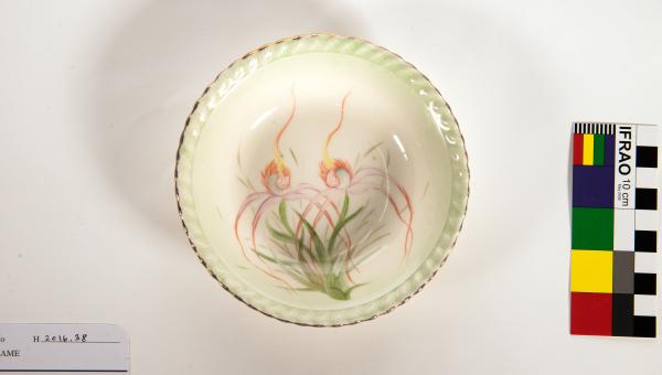 BOWL, round, china, handpainted with Spider Orchids by Carrie Bailey, 1940s-50s