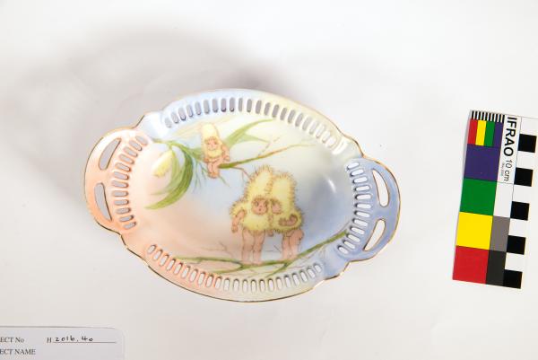 DISH, oval, perforated edges, handpainted with 'Wattle Babies' by Jane F.R. Reid