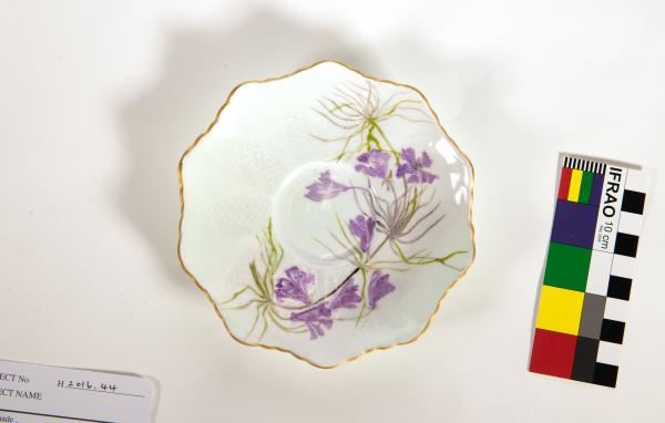 SAUCER, octagonal, gilded edge, handpainted with Hemiandra pungens by May Clarke