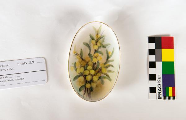DISH, small, oval, handpainted with wattle design by A.R.A.T. WA