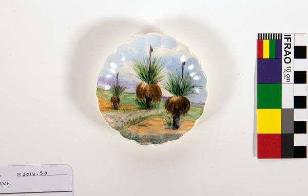 DISH, Spode 'Velamour' china, circular scalloped edge, handpainted with Blackboy (Balga) trees by Nell Christiansen