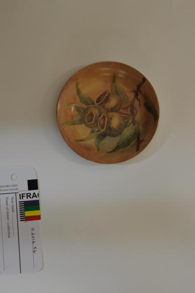 PIN TRAY, porcelain, small, circular, handpainted with gumnuts design by Stella Blakemore