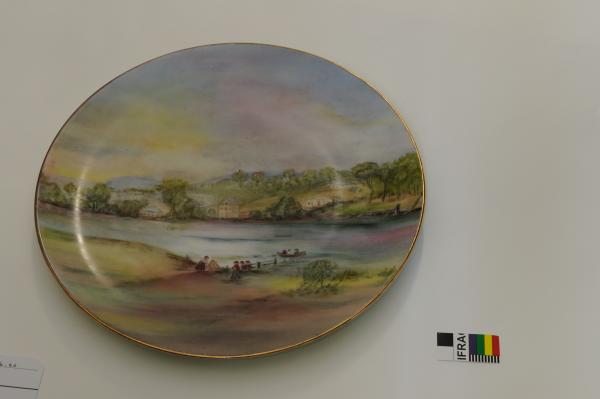 PLATE, large, round, handpainted with river/village scene of Brisbane in 1852, by D. McGilvray