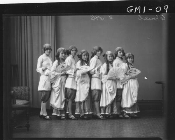 Eight young people in costume from a theatre group,'O'Niel'.