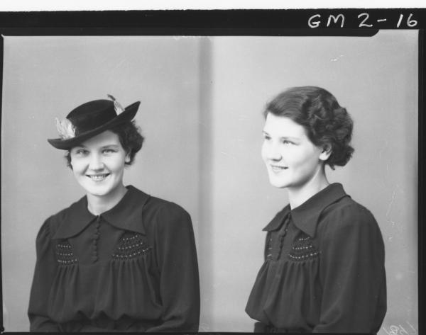 Two portrait poses of a young woman, H/S, 'James', in long sleeved dress, one with hat.