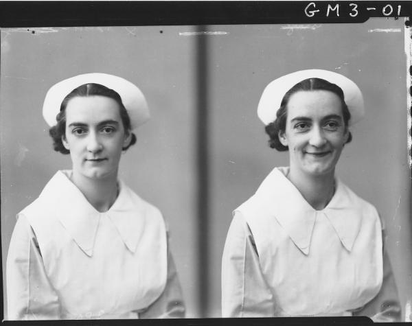 Two portrait poses of woman in nurses uniform, H/S, 'Isaac'.