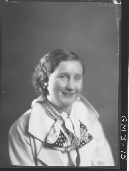 Portrait of woman, H/S, 'Johnston'. In jacket with scarf.