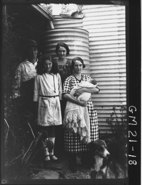Poratrait of three women, one young girl, a baby and dog outside a house F/L, Jenkins, Gibson Soak.