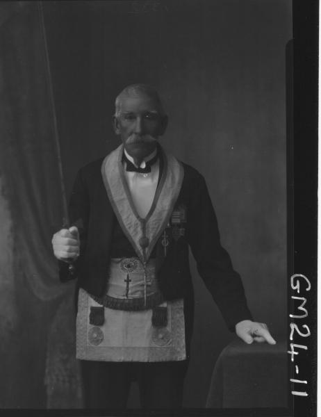 portrait of old man in full masonic outfit with medals and  sword F/L, Langford