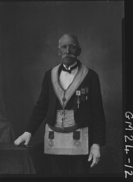 portrait of old man in full masonic outfit with medals and  sword F/L, Langford