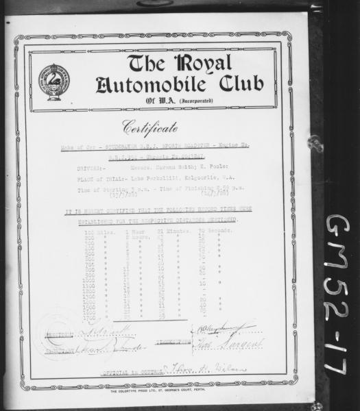 royal automobile club certificate of studebaker sports car trials on lake, Perkolliu