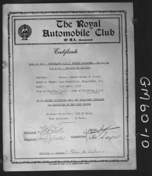 Royal Automobile Club certificate of Studebaker sports car trials on Lake Perkollili