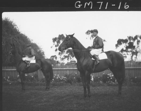 TWO JOCKEYS AND HORSES, VAIL