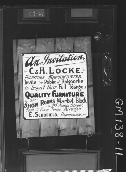 Advertising sign for C & H Locke Furniture Rep. E. Schofield