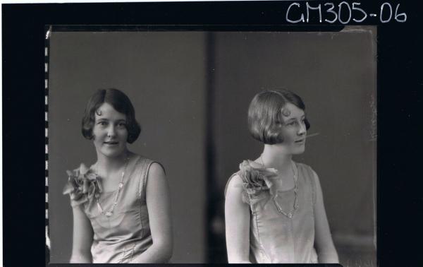 Two 1/2 Portraits of woman wearing satin dress with large flower on shoulder; 'Robertson'