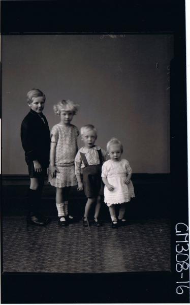 F/L Group Portrait of 4 children standing in row from youngest to eldest; 'Sarich'