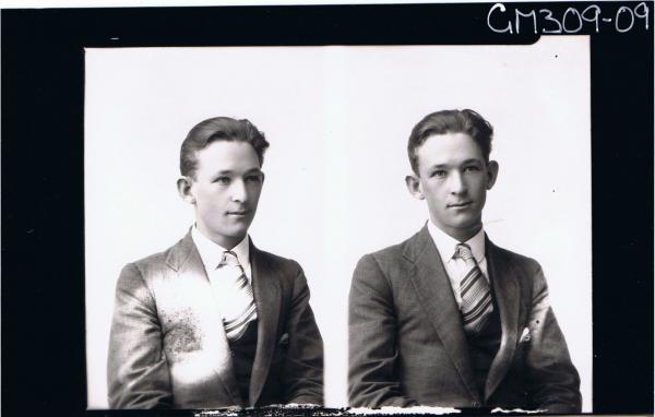 Two half length Portraits of young man wearing shirt, jacket, tie, 'Scott'