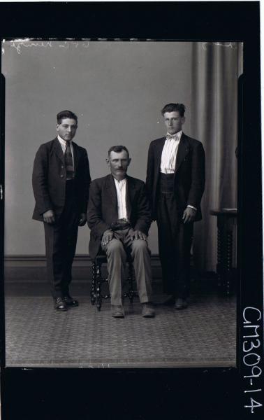 F/L Portrait of man seated, two young men standing all wearing suits; 'Nenzi'