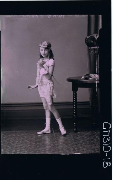 F/L Portrait of girl standing wearing fancy dress costume arranged for photograph; 'McLeod'