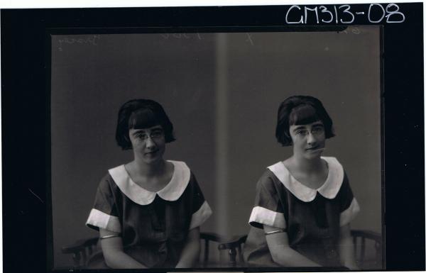 Two 1/2 Portraits of woman, seated, wearing spectacles 'Tracey' (Portrait on r/h side restored in places)