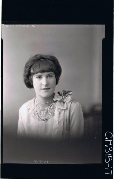 H/S Portrait of woman wearing dress with lace collar, flower on shoulder 'Muir'