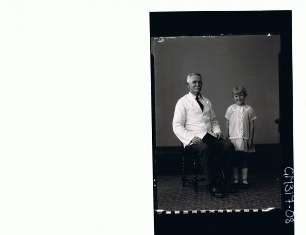 F/L Portrait of man seated wearing suit with white jacket, girl standing wearing short dress with lace trim; 'Henry'